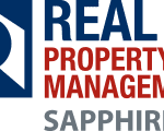 Logo of real property management sapphire, featuring bold, blue and red text with a stylized "r" emblem to the left.