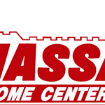 Logo of massa home center featuring a bold red background with white text that spells "massa" above the words "home center" in smaller font, encompassed within a white outline resembling a skyline.