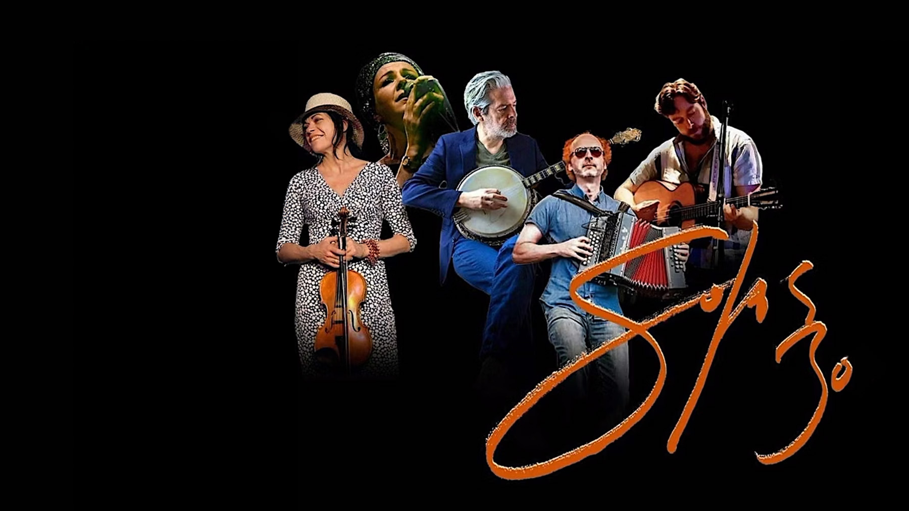 Five musicians play different instruments including violin, banjo, accordion, and guitar, with a painted orange "Solas 30" logo across the image. The background is black, highlighting the performers.