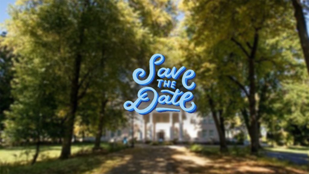 A tree-lined path leads to a white building in the background. In the center, blue hand-lettered text reads "Save the Date." The image is softly blurred except for the prominent text.
